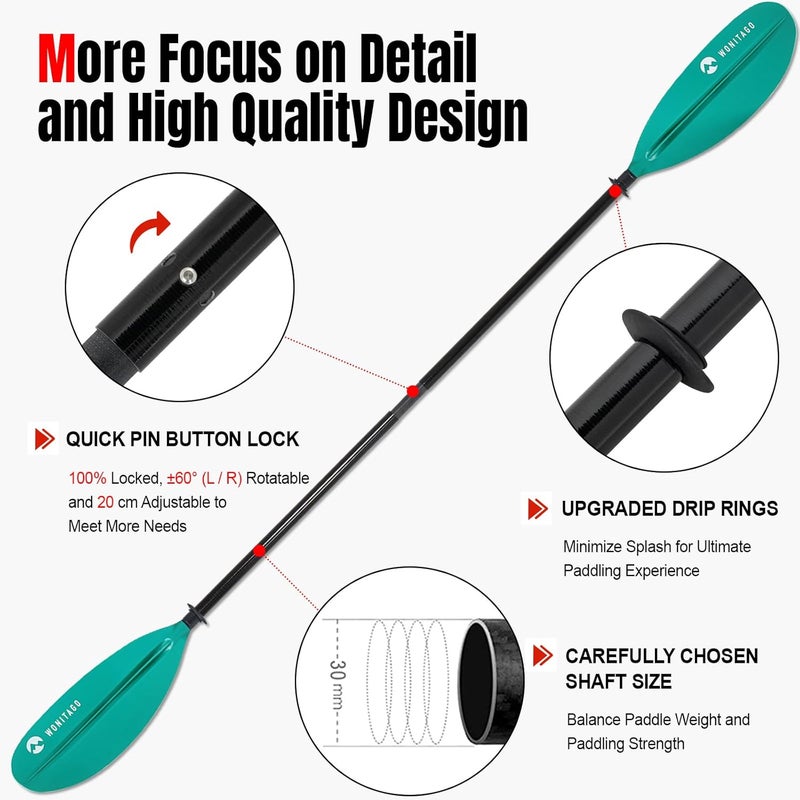 WONITAGO Kayak Paddles with Fiberglass Shaft and Reinforced PP Blade, Floating Adjustable Kayaking Oars, 3 Piece, 220-240 cm/86-94 Inches, 240-260 cm/94-102 Inches - Image 4